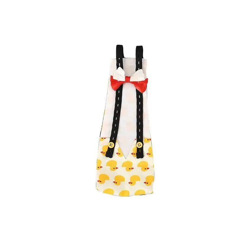 Banana Ducks Duck Diaper with duck pattern, suspenders, and a bow tie on a white background