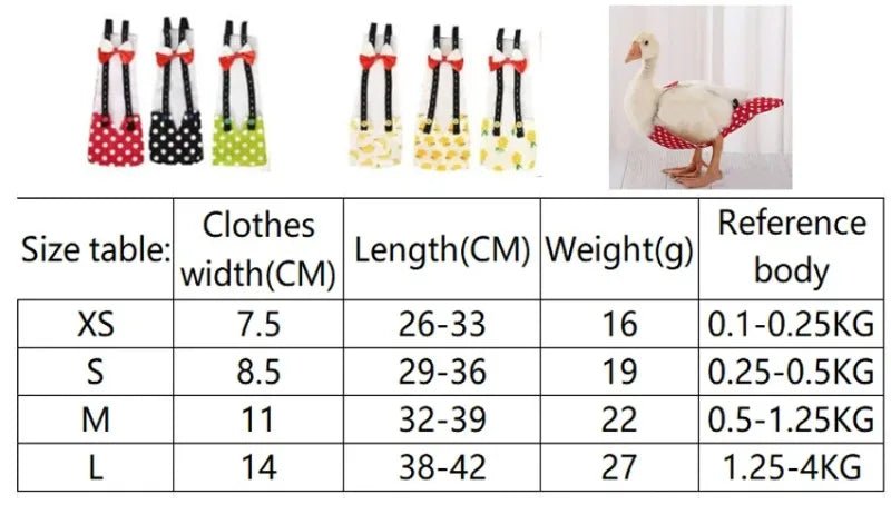Size chart for a toy with clothes and a reference body, showing dimensions and weight for Banana Ducks Co