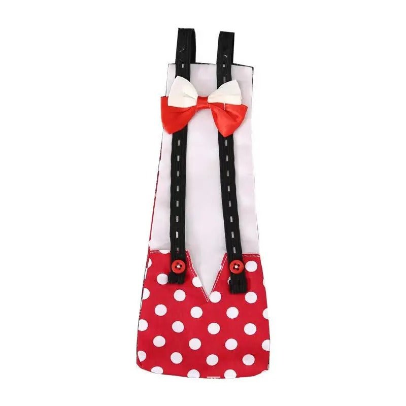 Red polka dot banana ducks diaper with black suspenders and red bows on a white background