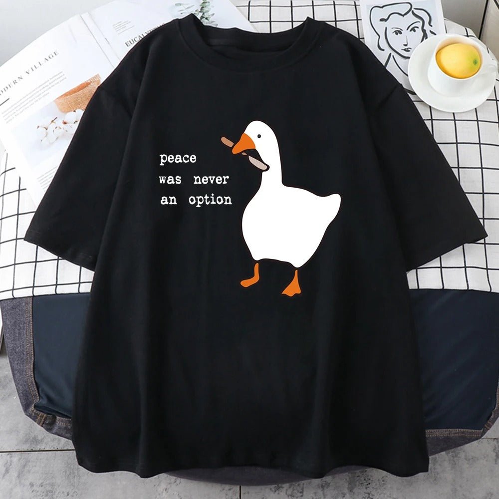 Banana ducks - Black t-shirt with a cartoon duck, peace was never an option