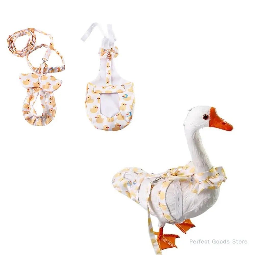 Decorative Banana Ducks goose with a pattern on diaper, and a leash on a white background.