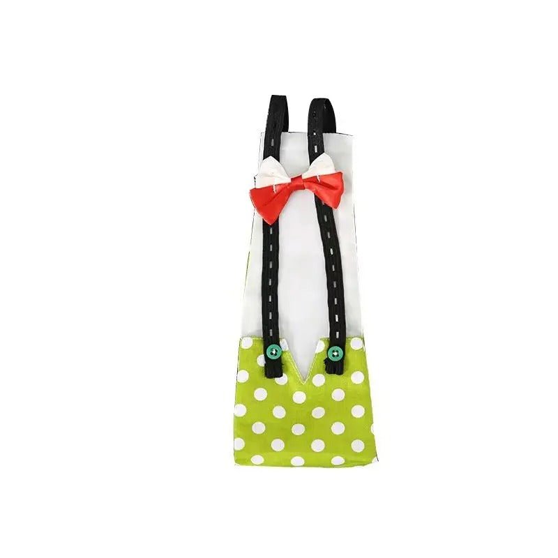 Green polka dot Duck Diaper  with suspenders and a red bow tie on a white background used for Banana Ducks