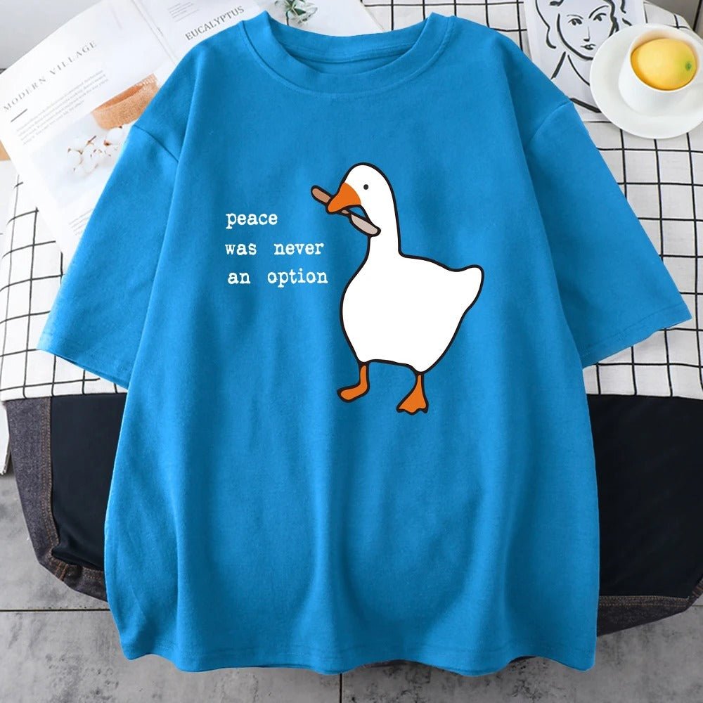 Banana ducks - Blue t-shirt with a cartoon duck, peace was never an option