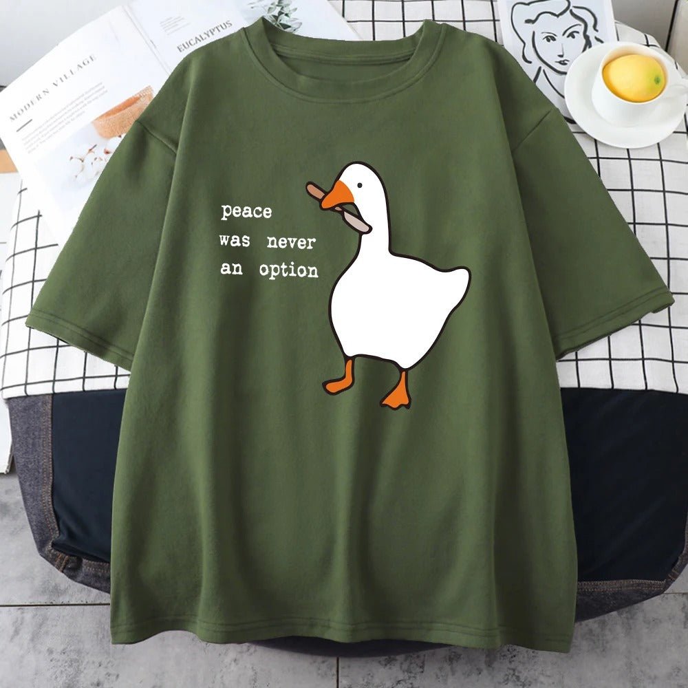 Banana ducks - Green t-shirt with a cartoon duck, peace was never an option