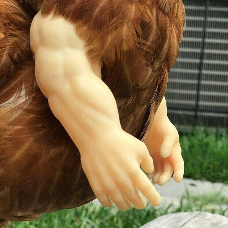 Close-up of a bird with a human-like arm and hand interacting with it sold by banana ducks