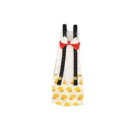 Banana Ducks Duck Diaper with duck pattern, suspenders, and a bow tie on a white background