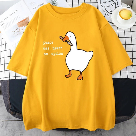 Banana ducks - Yellow t-shirt with a cartoon duck, peace was never an option